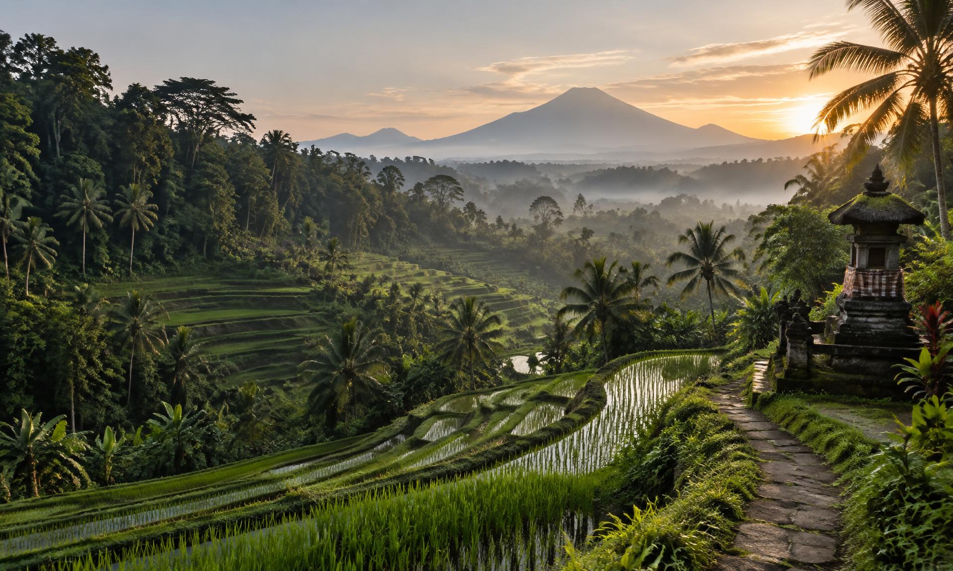 Rice terraces and Mount Agung at sunrise in Bali
